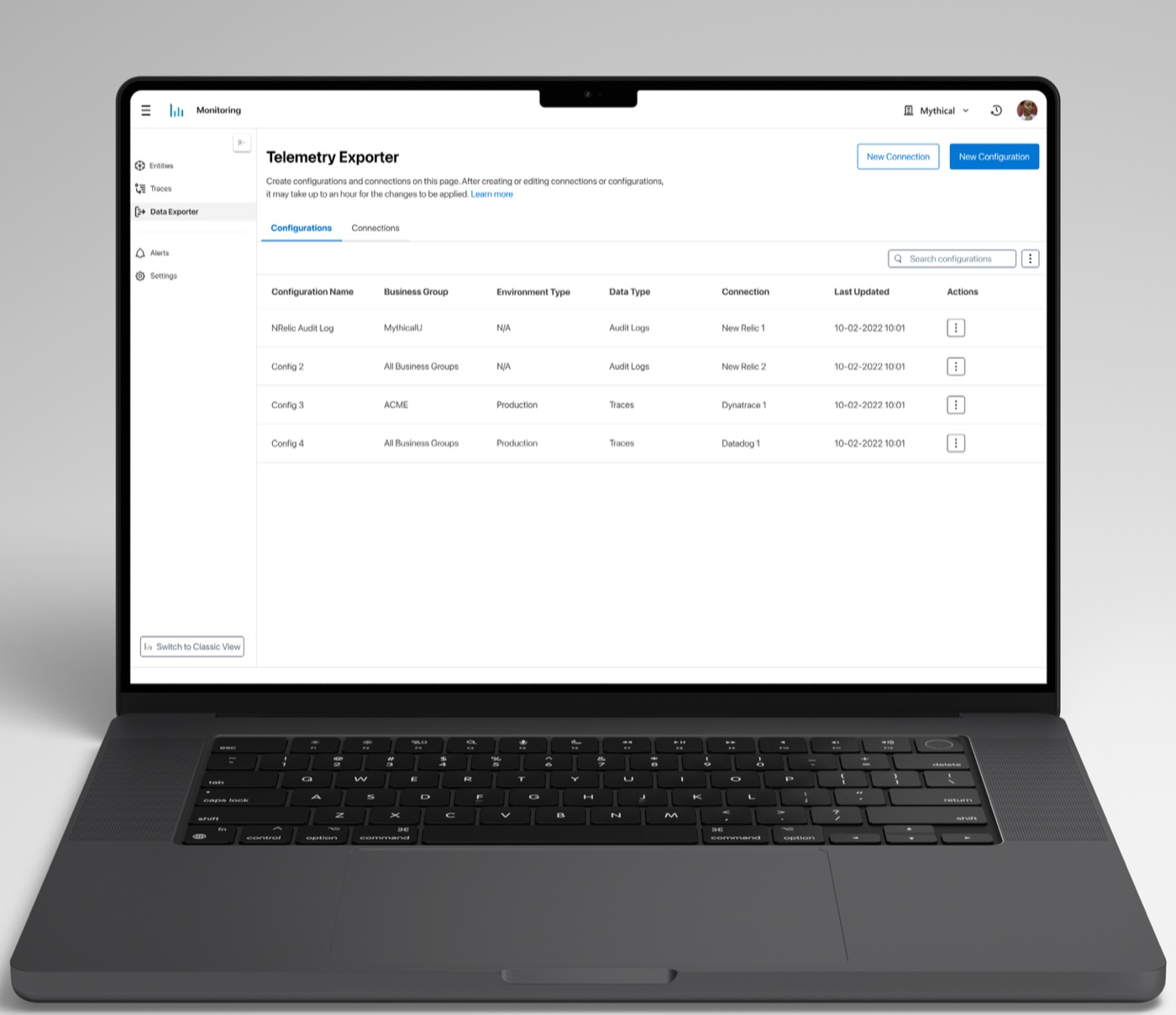 Telemetry Exporter on a laptop: a table of export configurations with business group, environment, data type and connection, alongside a tab for the connections themselves