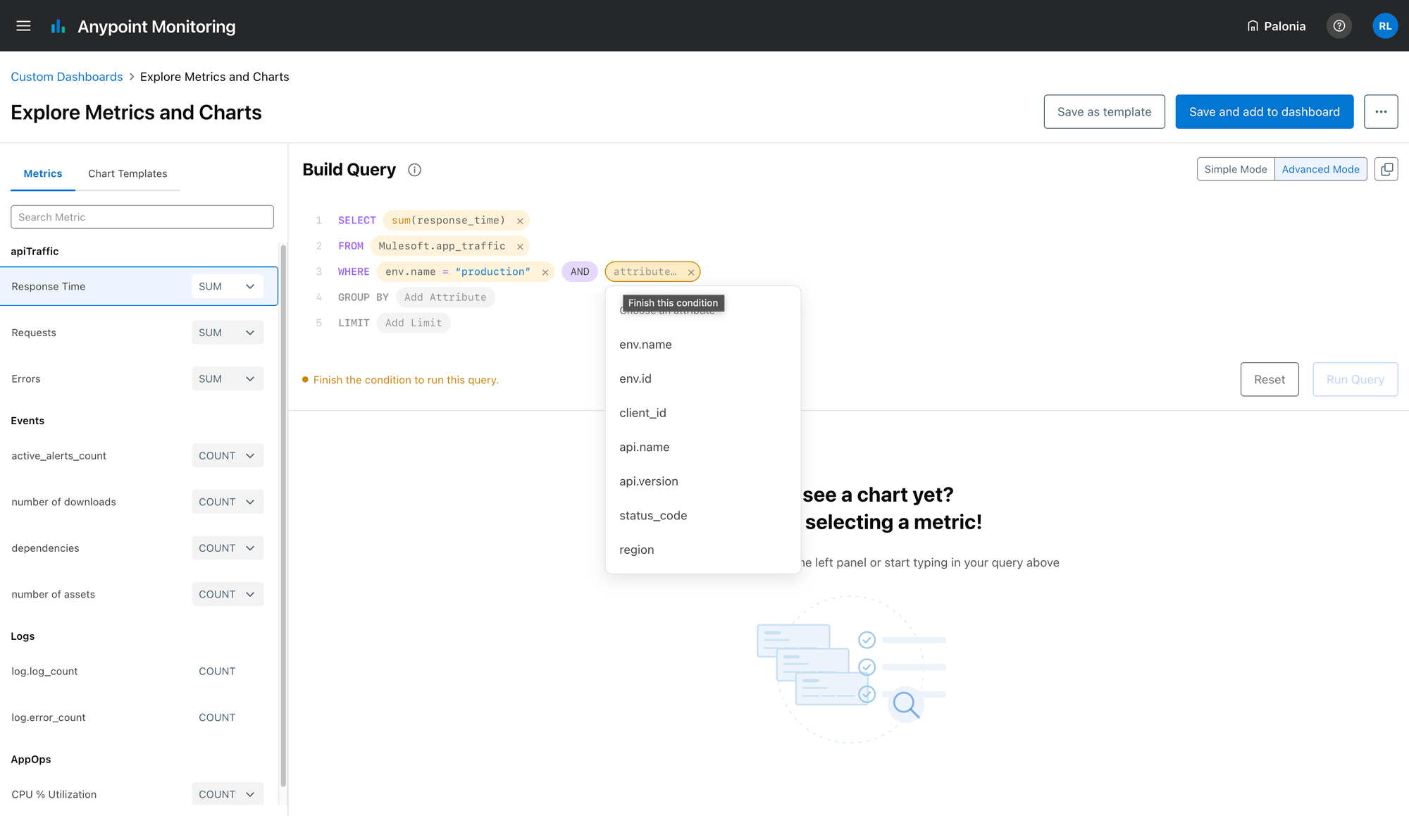 The full Explore Metrics and Charts screen with a half-written WHERE clause: the attribute picker is open on env.name, env.id, client_id and others, a 'Finish this condition' tooltip sits over it, a warning reads 'Finish the condition to run this query', and the Run Query button is disabled