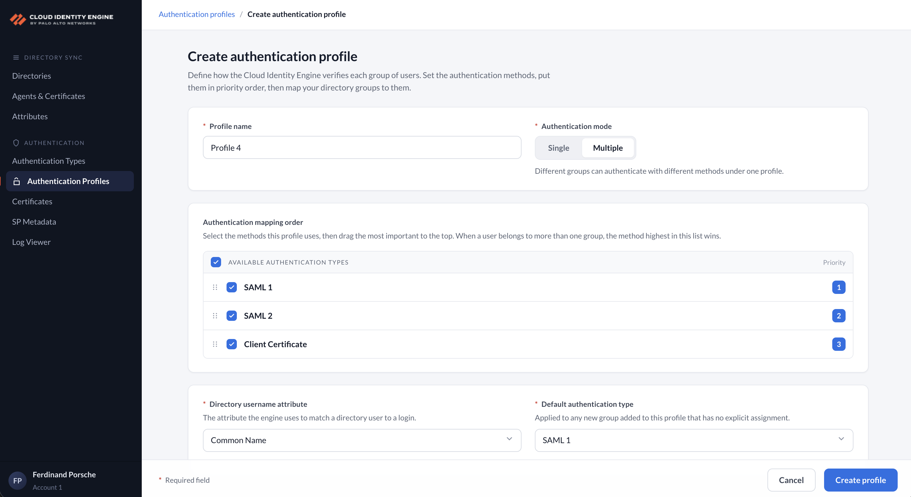 The full authentication profile on one screen: mode toggle, drag-to-reorder priority list, directory matching, and a required default
