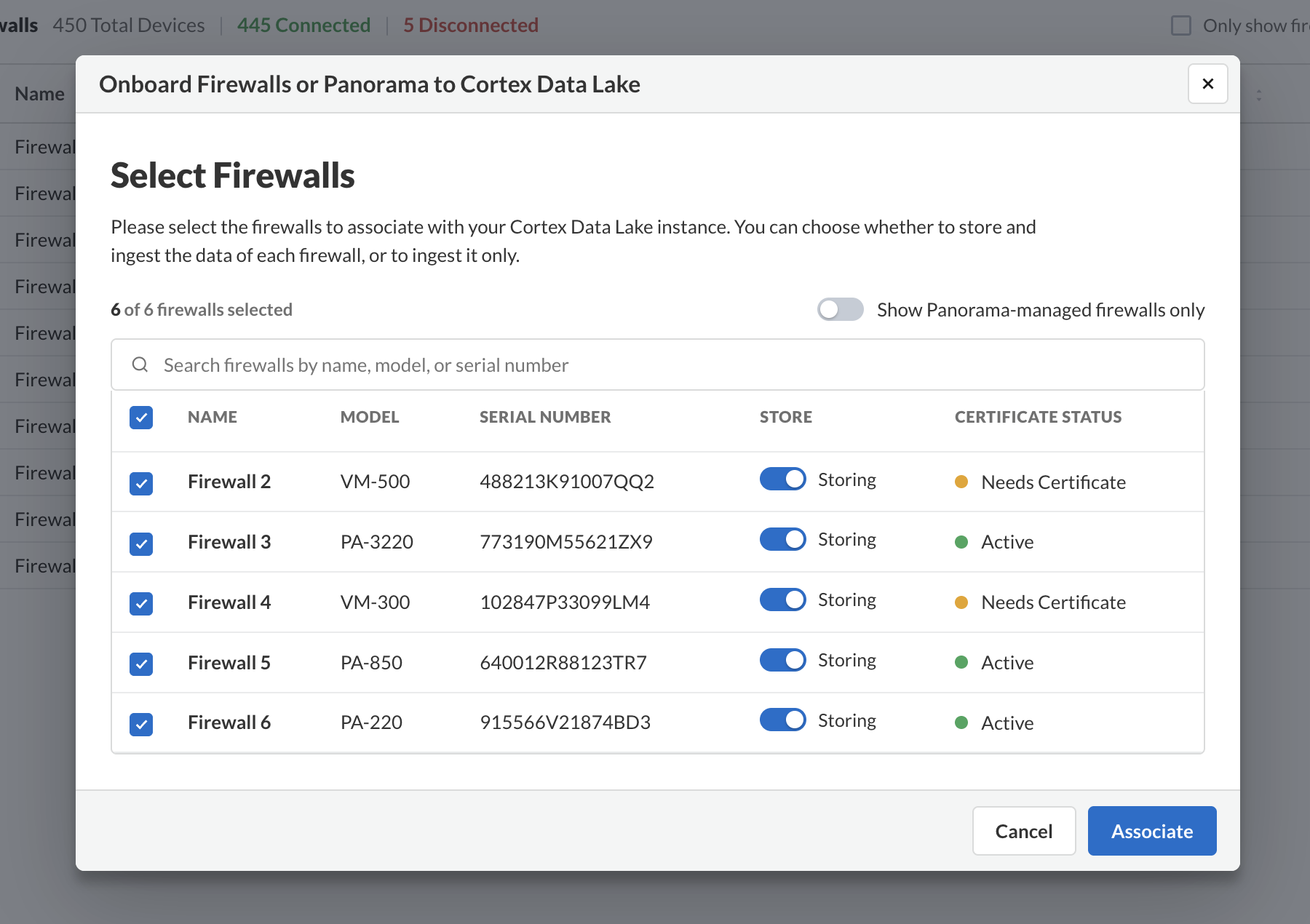 The onboarding dialog for adding new firewalls to Cortex Data Lake, with per-device store and certificate status