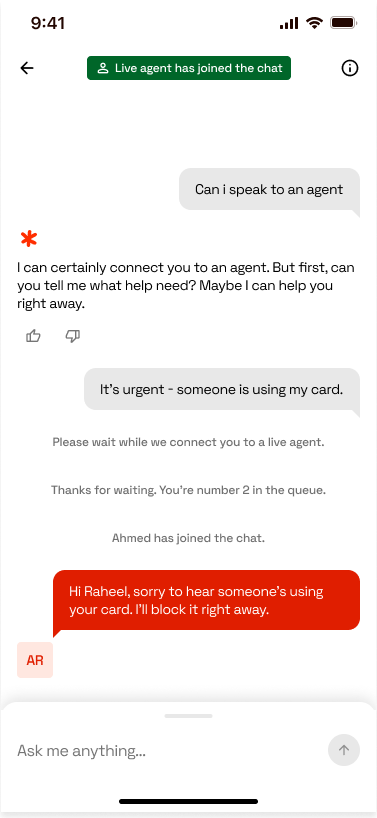 The same thread after a green 'Live agent has joined the chat' banner, where Ahmed picks up and replies that he will block the card right away