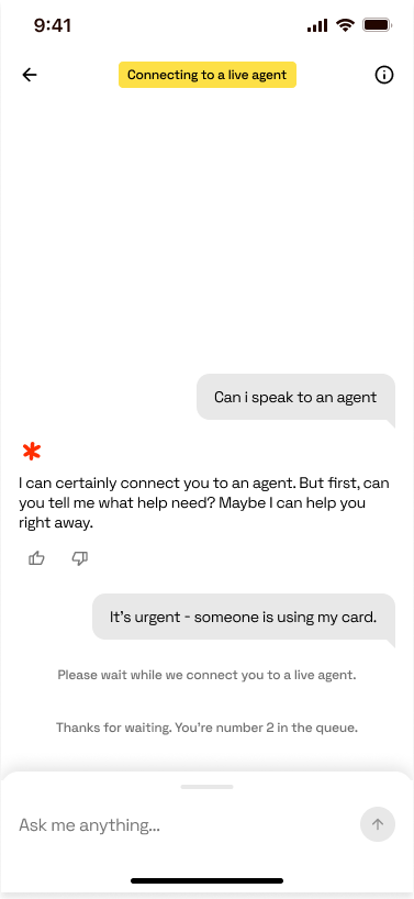 The chat mid-escalation: a yellow 'Connecting to a live agent' banner pinned to the top, Rai offering to help first, the customer replying that someone is using their card, and a note that they are number 2 in the queue
