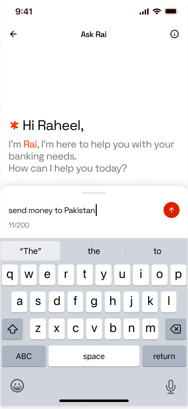 Ask Rai's opening screen: a greeting addressed to the customer by name, with the composer open, a request typed, and a live counter reading 11 of 200