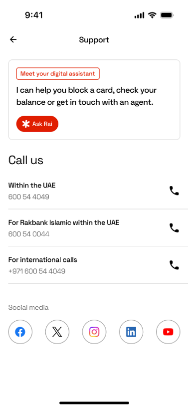 The RAKBANK app's Support screen, with a 'Meet your digital assistant' card at the top offering to block a card, check a balance, or get in touch with an agent, above the call centre numbers and social links