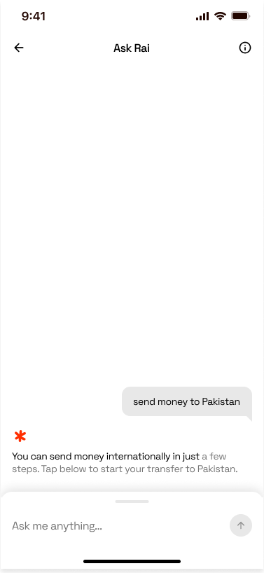 Rai's reply: one sentence saying an international transfer takes a few steps, above a button that starts the transfer to Pakistan